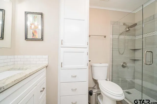a bathroom with a granite countertop sink toilet and shower