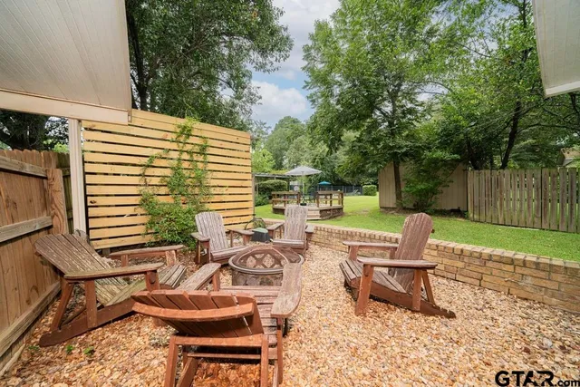 a view of a chairs and table in backyard