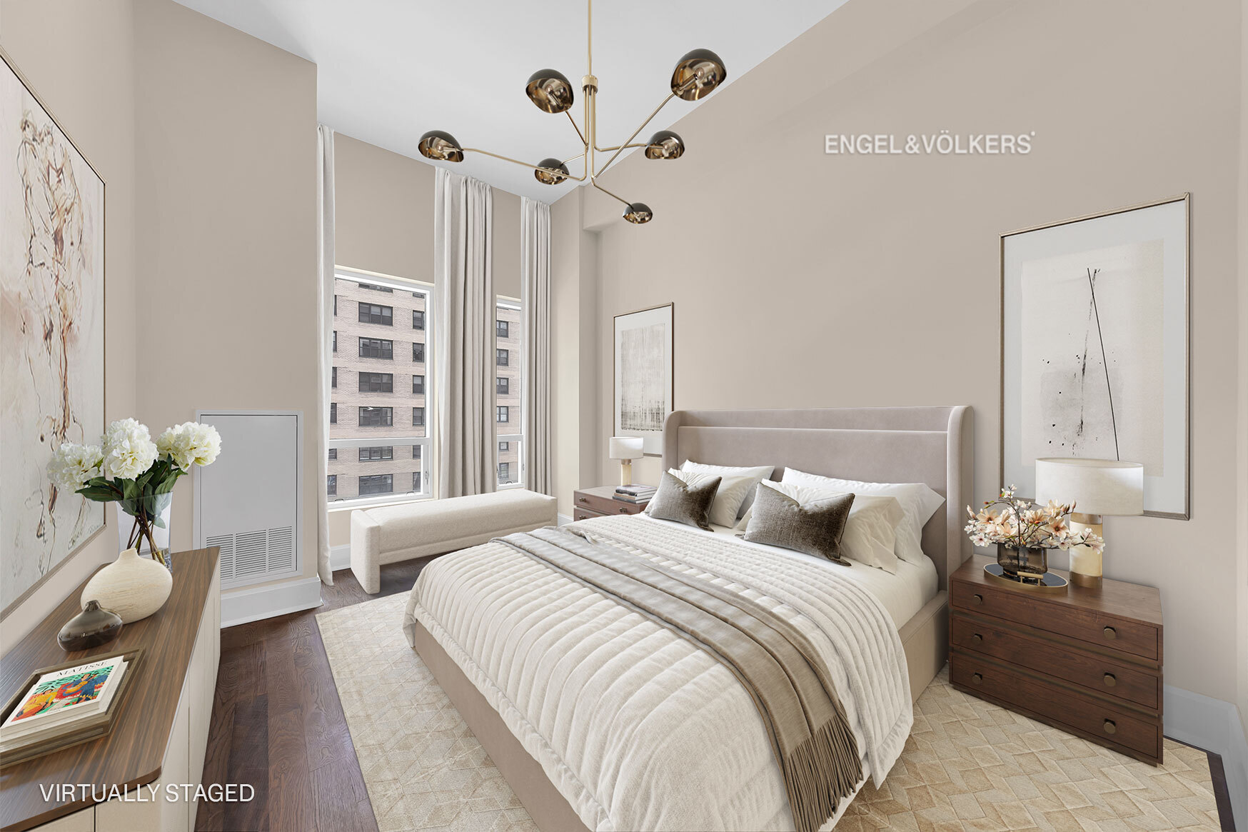 250 East 49th Street, Unit 3E Manhattan, NY 10017 - Photo 8 of 20 a bedroom with a bed and a chandelier