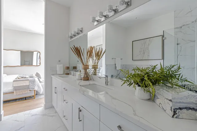 a bathroom with a sink a mirror and a potted plant