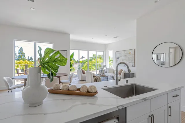 a kitchen with a two potted plant and a window