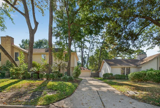 a view of a garden with a tree in front of the house