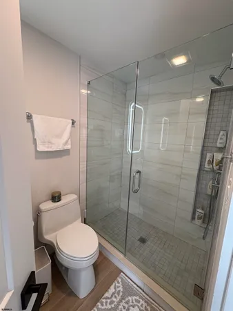 a bathroom with a toilet and a shower