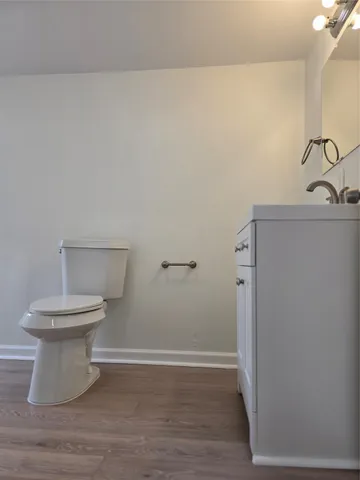 a view of a bathroom with wooden floor