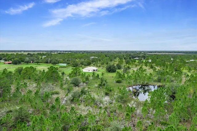 a view of a green field with lots of bushes