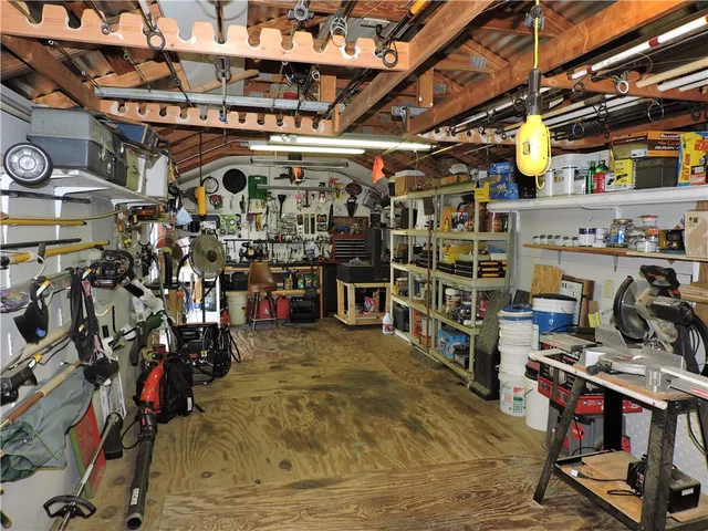 a view of a storage room with racks