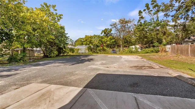 a view of a yard with plants and trees