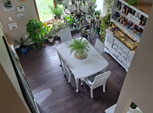 an outdoor space with furniture