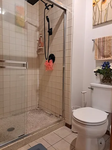 a bathroom with a toilet and shower