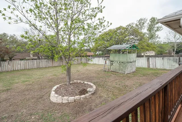 a view of a backyard with a tree