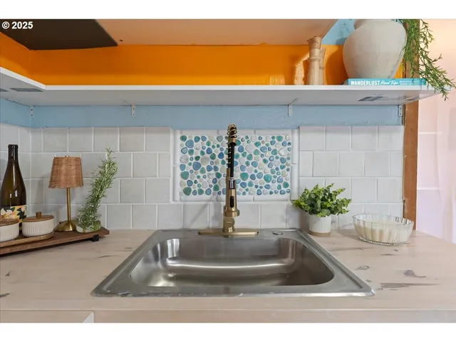 a kitchen with a sink and a potted plant