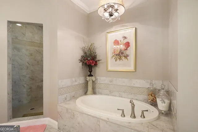 a bathroom with a tub and a shower