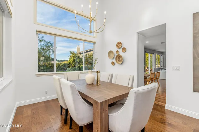a view of a dining room with furniture one side kitchen view and wooden floor