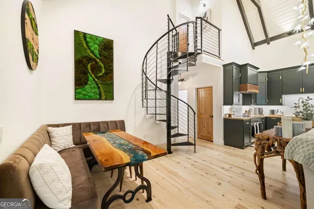 a living room with a couch and a table