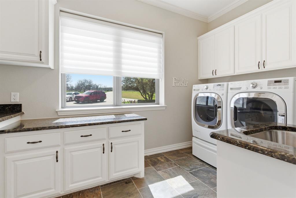8970 Burnett Road Justin, TX 76247 - Photo 27 of 39 a utility room with stainless steel appliances white cabinets and a window