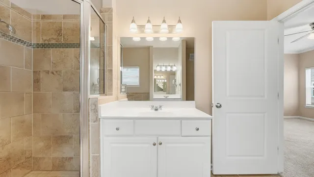 a bathroom with a sink shower and a mirror