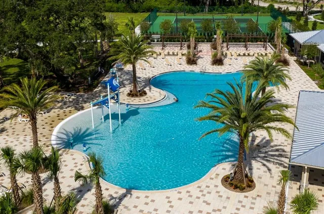 a view of a swimming pool with a patio and plants
