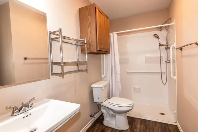 a bathroom with a toilet a sink and shower