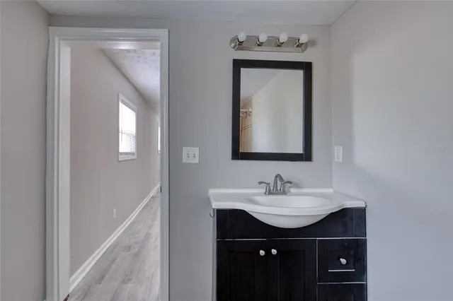 a bathroom with a sink vanity and a mirror
