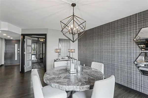 a view of a dining room with furniture