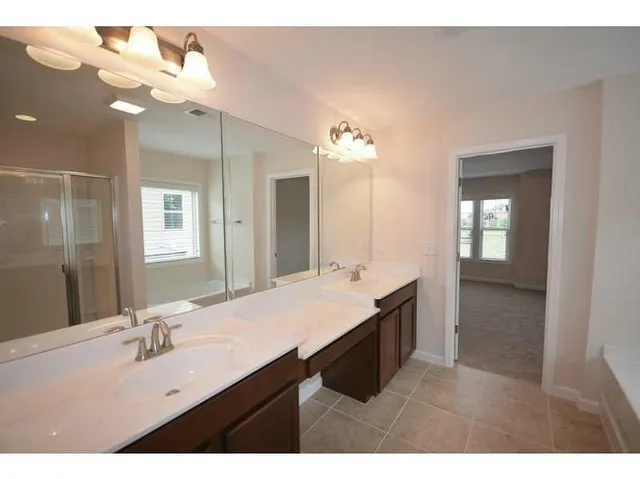 a bathroom with a sink vanity and a mirror