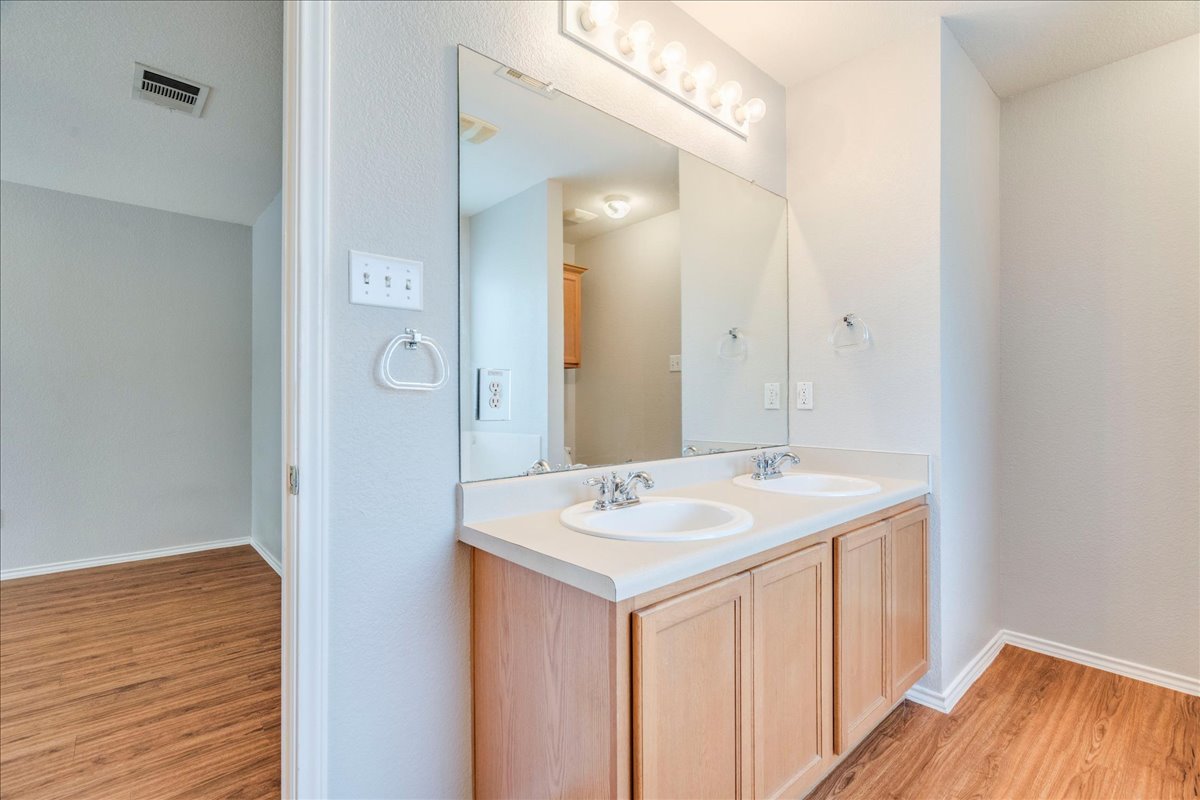 1507 Davis Mountain Loop Cedar Park, TX 78613 - Photo 15 of 30 Primary bath features a dual vanity, light-colored cabinetry & formica countertops