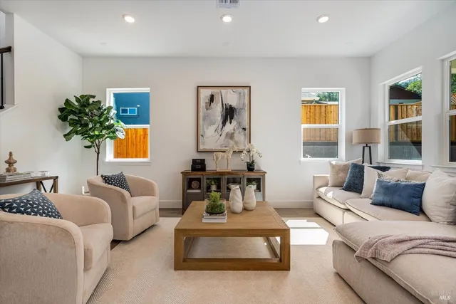 a living room with furniture and a potted plant