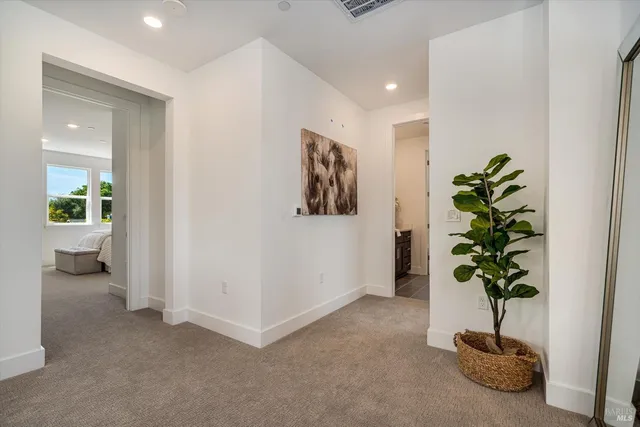 a view of a hallway with wooden floor and a potted plant