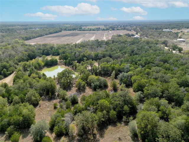 an aerial view of residential houses with outdoor space and trees