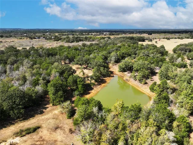 an aerial view of residential houses with outdoor space and trees