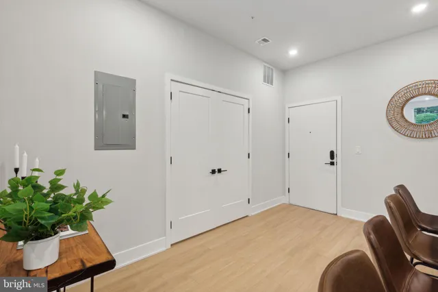 a workspace with a potted plant