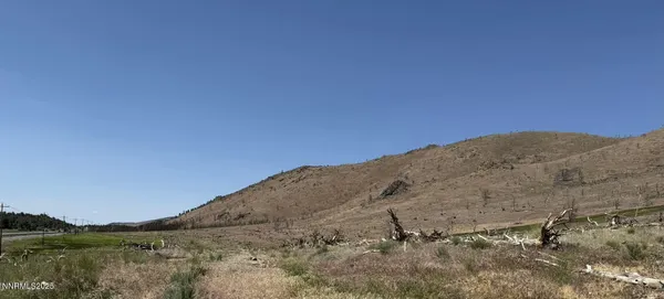 a view of a dry yard with mountains in the background