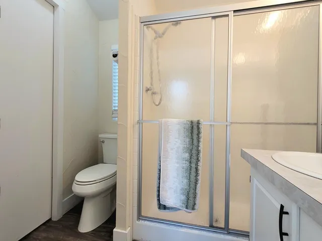 a bathroom with a shower and a toilet