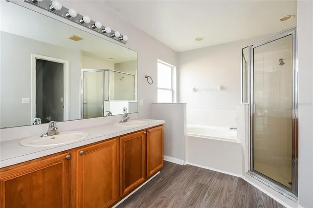 a bathroom with a double vanity sink a mirror and a bathtub