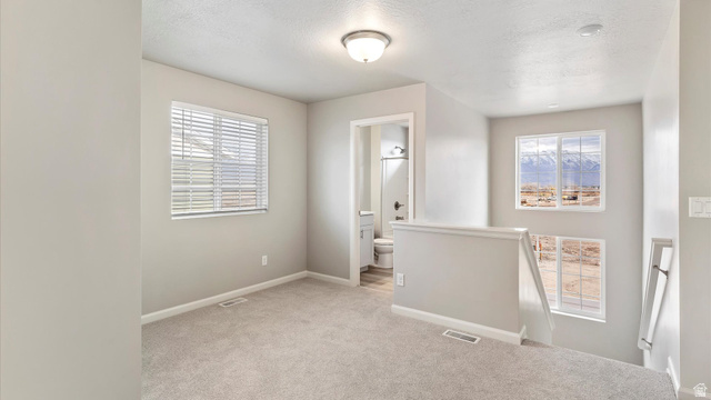 82 Provo River Road, Unit 251 Saratoga Springs, UT 84045 - Photo 15 of 32 Carpeted landing area featuring light gray walls, a flush-mount ceiling fixture, and a doorway opening to a bathroom with wood-finish flooring