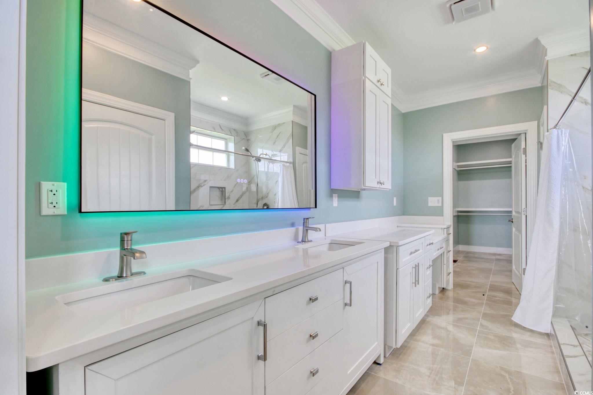 125 Oak Bay Drive Georgetown, SC 29440 - Photo 17 of 39 Full bathroom with a marble finish shower, ornamental molding, double vanity, and recessed lighting