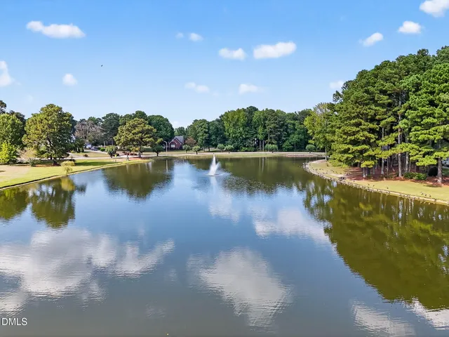 a view of a lake with houses in the back