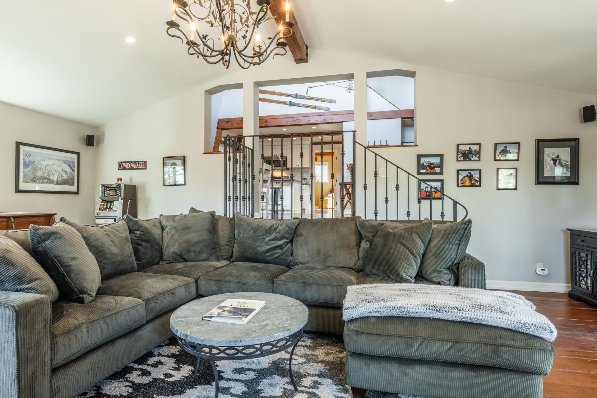 349 Davison Road Mammoth Lakes, CA 93546 - Photo 2 of 43 a living room with furniture or couch and a chandelier