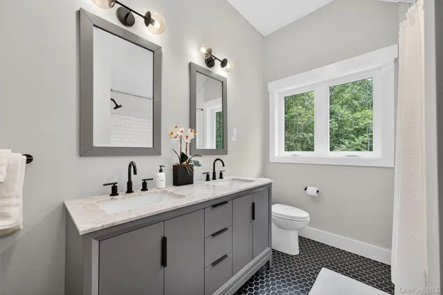 a bathroom with a double vanity sink a toilet and a mirror