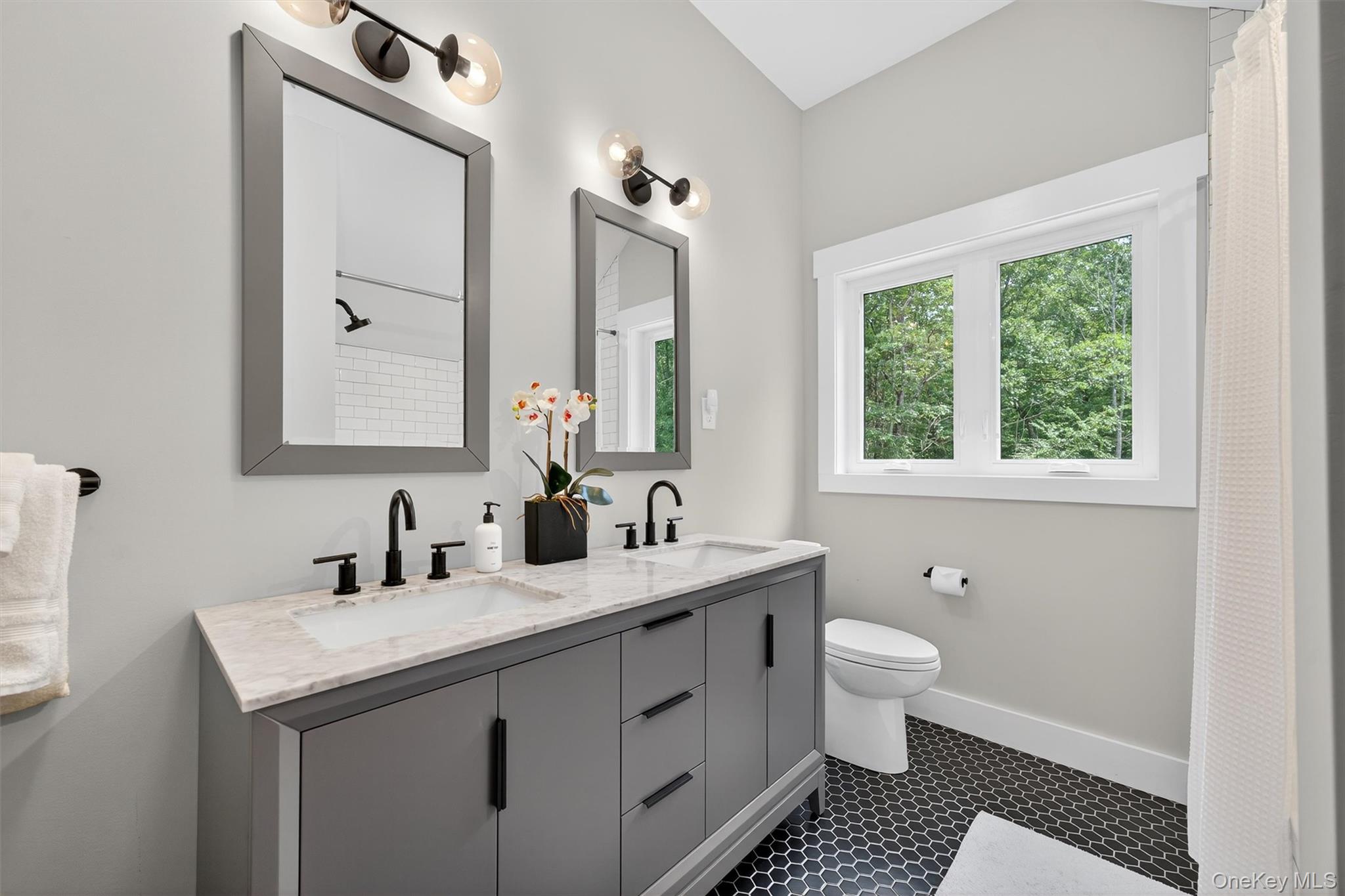 107 Maple Lane Narrowsburg, NY 12764 - Photo 30 of 49 a bathroom with a double vanity sink a toilet and a mirror