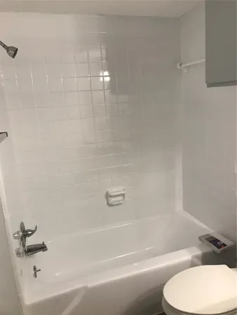 a bathroom with a toilet and bathtub