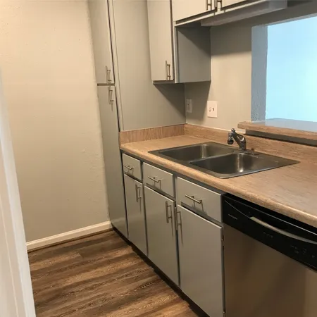 a kitchen with a sink and cabinets