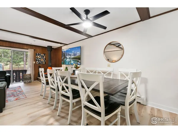 a dining room with furniture and a flat screen tv