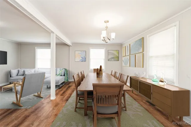 a view of a dining room with furniture window and wooden floor