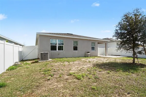a view of a backyard with a large tree