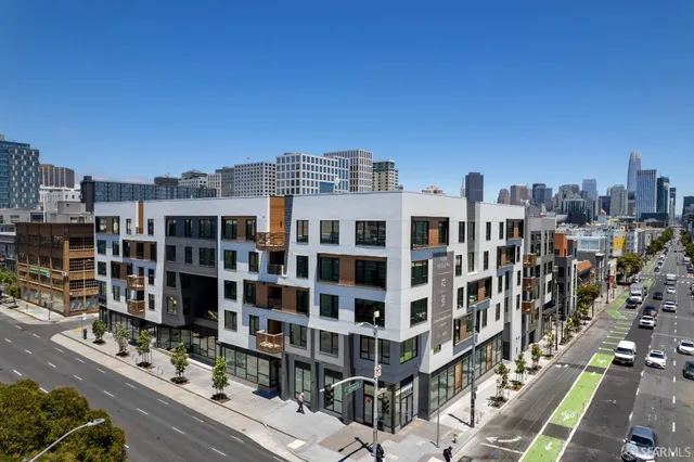 a view of a building with a street