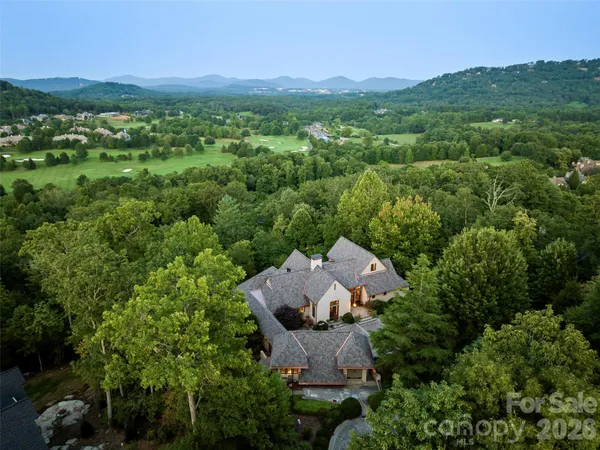 an aerial view of residential houses with outdoor space and trees