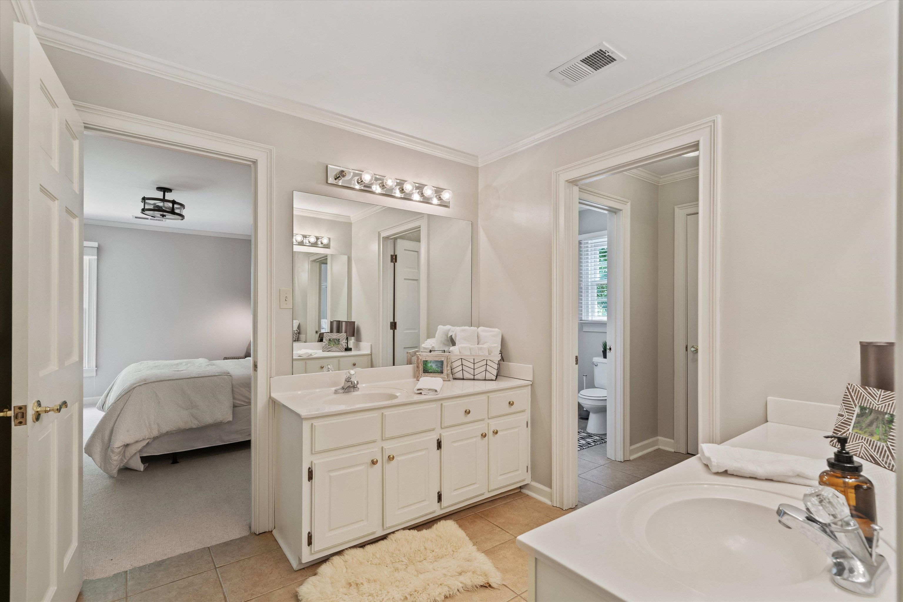 8897 Forest Ridge Cove Memphis, TN 38018 - Photo 21 of 35 Ensuite bathroom featuring vanity, tile patterned floors, and ornamental molding