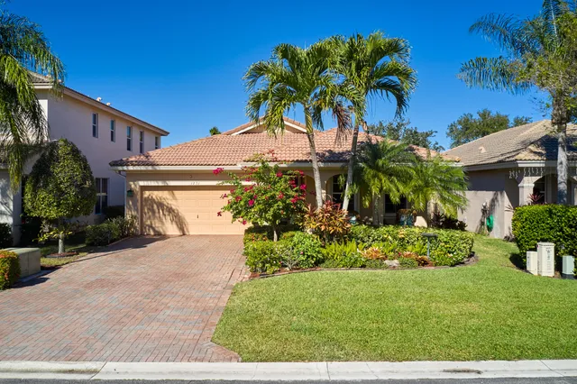 a palm plant sitting in front of a house with a garden