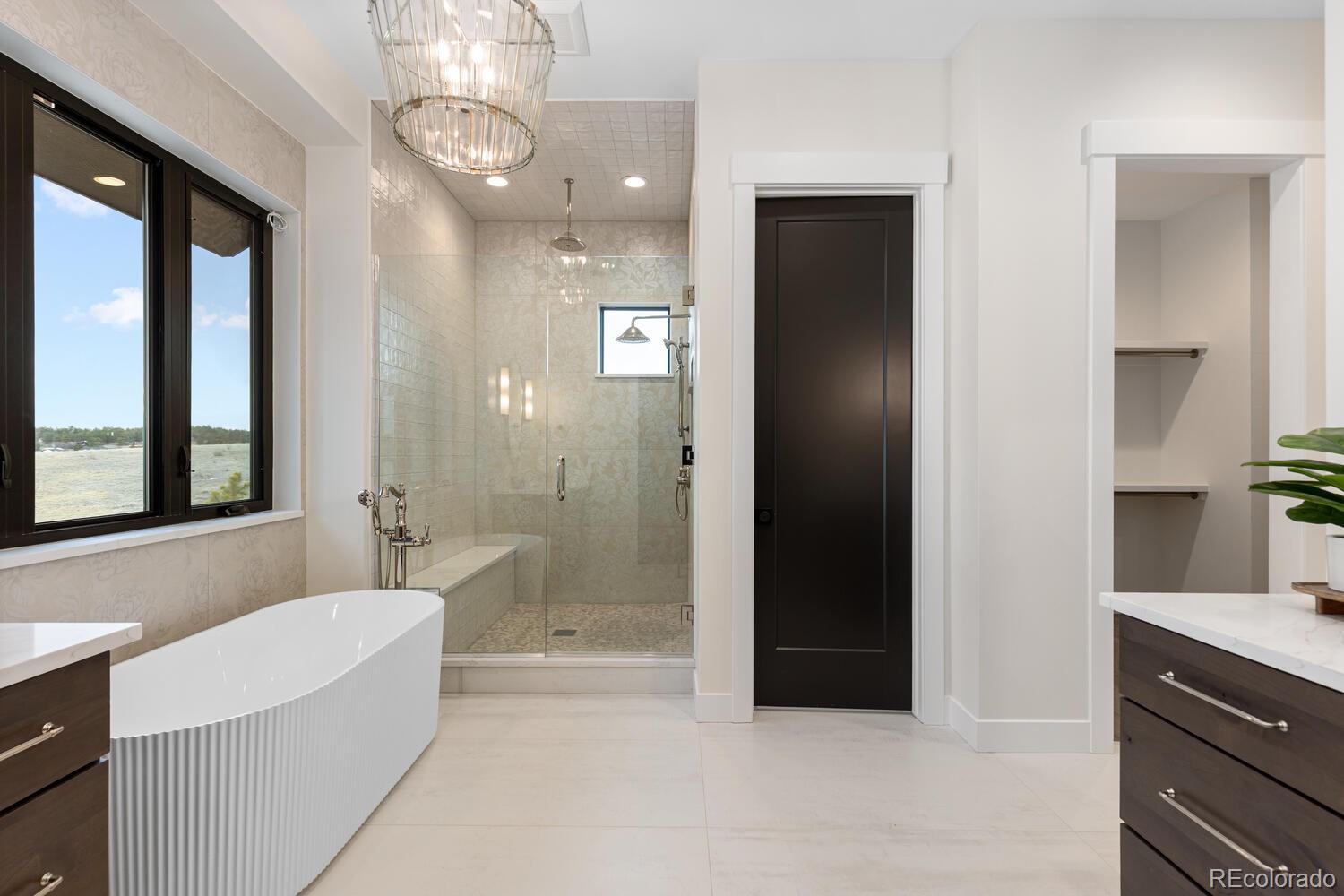 11115 Evening Hunt Road Franktown, CO 80116 - Photo 29 of 46 a bathroom with a bathtub a shower a sink and a large mirror